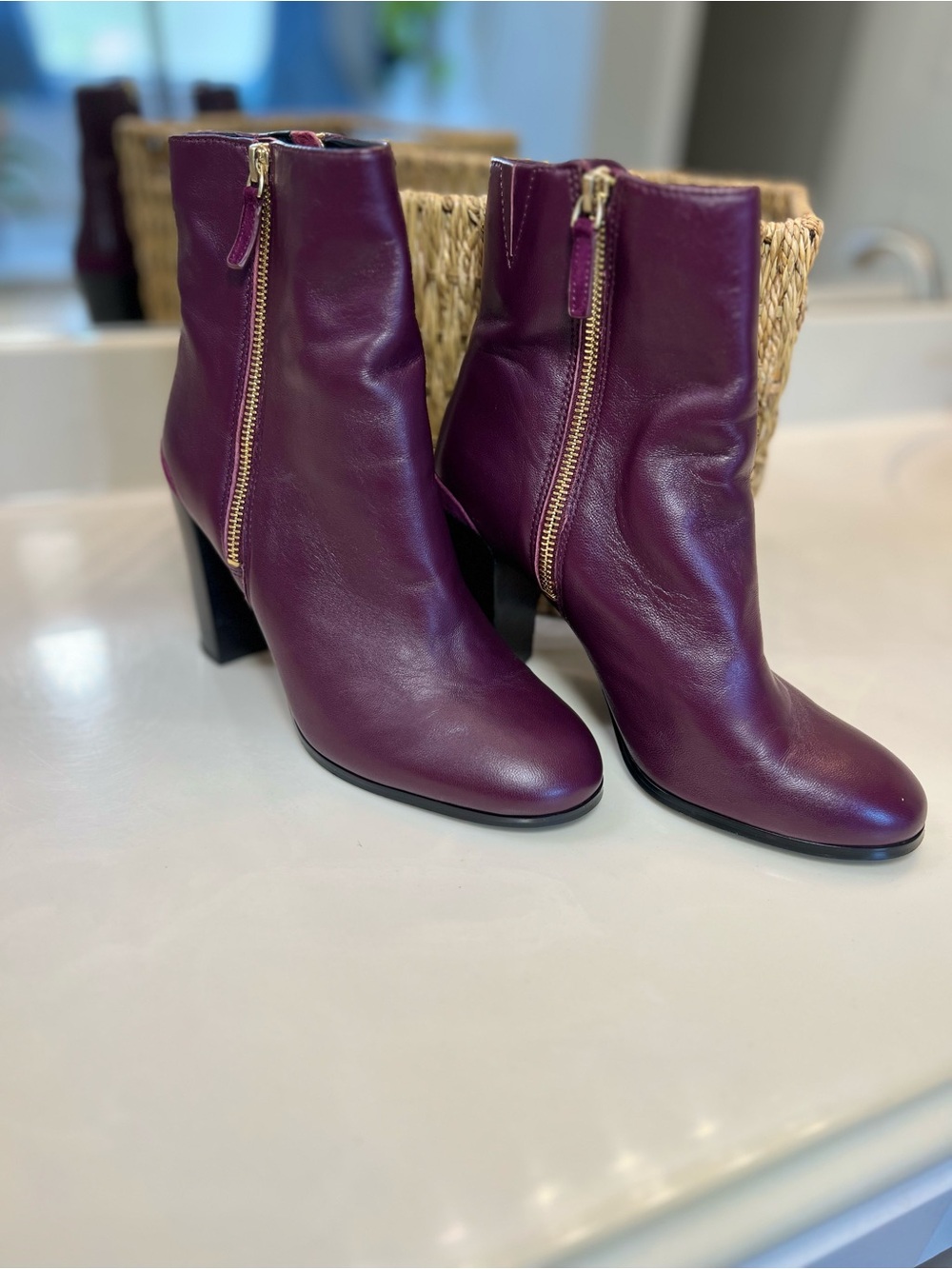 Katheryn Kelly Leather Ankle Boots in Deep Plum